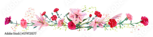 Panoramic view  bouquet of carnation  lilies  spring blossom. Horizontal border  bright flowers  buds  leaves on white background. Realistic digital illustration in watercolor style  vintage  vector