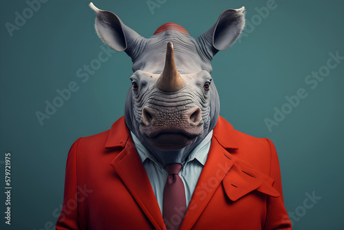 The Dashing Rhinoceros in a Vibrant Red Suit, A Creative Valentine's Day Stock Image of Animals in Red Suit. Generative AI 