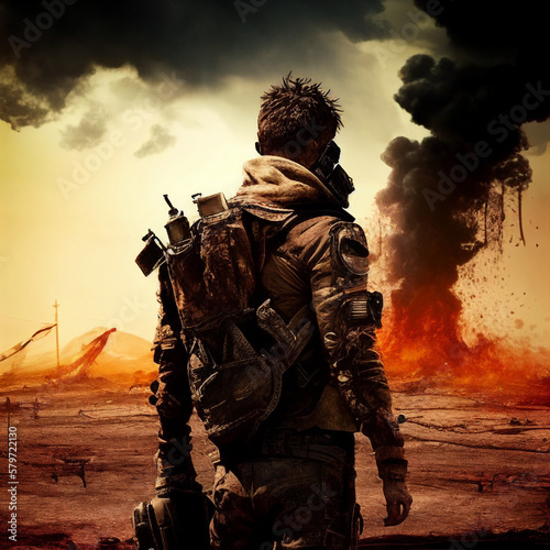 Wasteland Apocalyptic Man With His Back to the Camera Standing Heroically with Smokey desert landscape backdrop | Generative AI