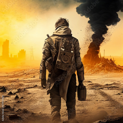Wasteland Apocalyptic Man With His Back to the Camera Standing Heroically with Smokey desert landscape backdrop | Generative AI