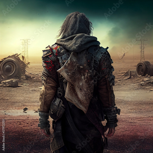 Wasteland Apocalyptic Man With His Back to the Camera Standing Heroically with desert landscape backdrop and refuse | Generative AI