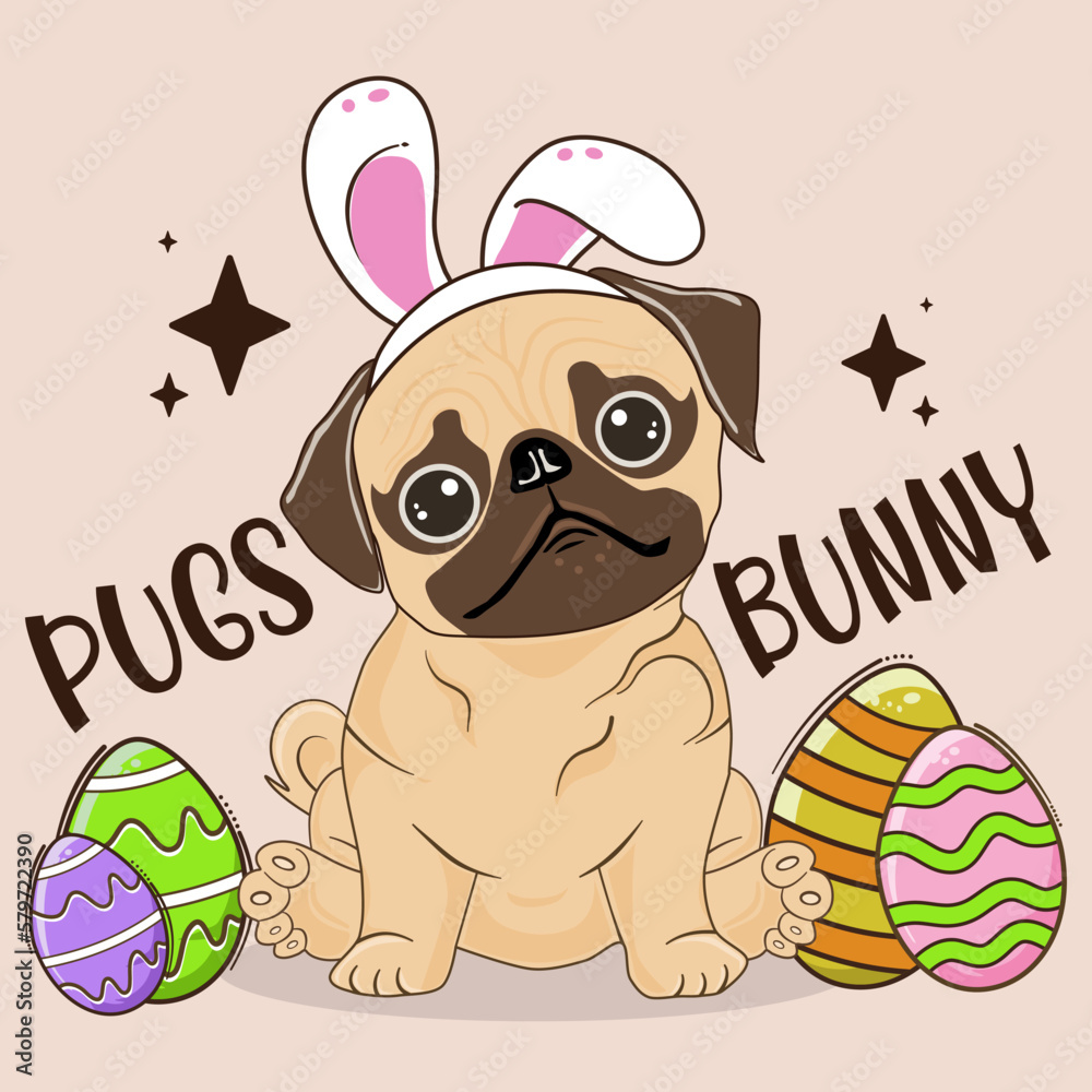 Naklejka premium Pugs Bunny, funny Pug dog in the bunny headband. Happy Easter Puggy. Easter Dog T-Shirt , Pug Bunny Ear Eggs. Pugs Bunny memes Vector Design for t-shirt