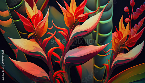 Vintage Botanical Lobster Claw Heliconia Flower Design by Generative AI photo