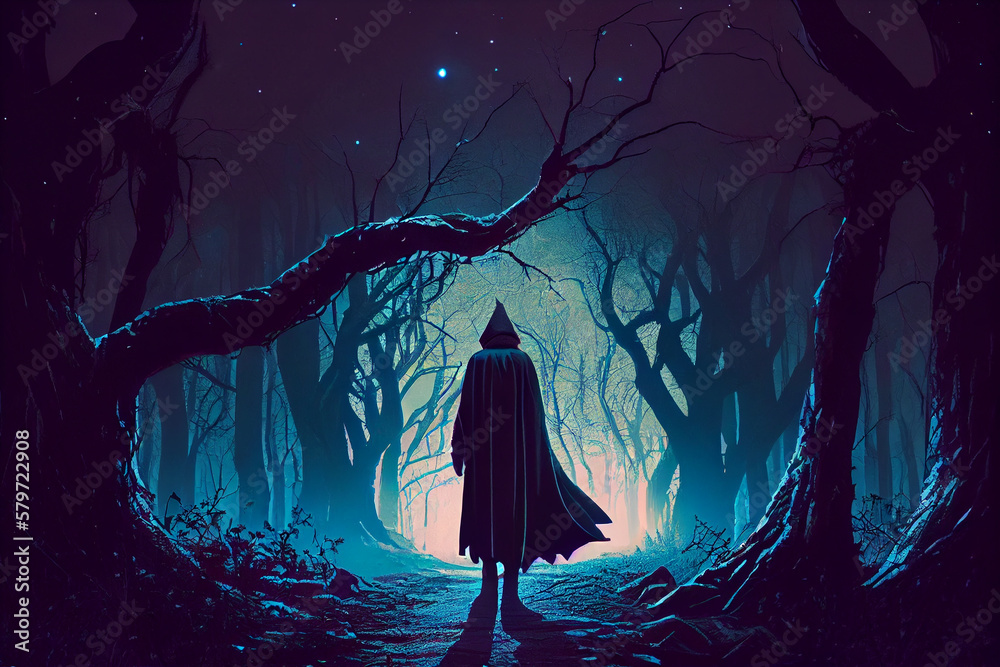 A dark magician in a cloak walks through the forest on a full moon. AI generated A dark magician in a cloak walks through the forest on a full moon. AI generated