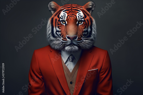 A Striking Red Suit on a Beautiful Tiger, A Creative Valentine's Day Stock Image of Animals in Red Suit. Generative AI 