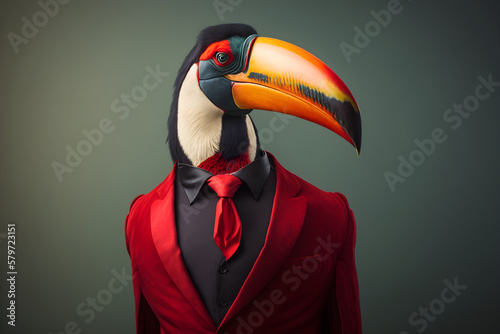 The Wonders of Nature: An Enchanting Toucan in a Red Suit, A Creative Valentine's Day Stock Image of Bird in Red Suit. Generative AI 