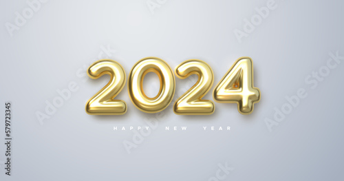 Happy New 2024 Year. Holiday vector illustration of golden metallic numbers 2024. Realistic 3d sign. Festive poster or banner design