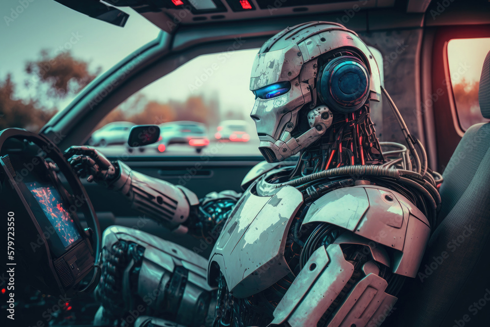 Robot drivinf car like a human. Futuristic technology. Autonomous vehicle is moving towards its destination. Created with Generative AI Robot drivinf car like a human. Futuristic technology. Autonomous vehicle is moving towards its destination. Created with Generative AI