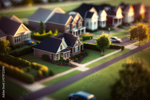 American residential neighborhood, aerial view. Suburban with living houses for upper middle class family at summer day, tilt shift effect. Created with Generative AI