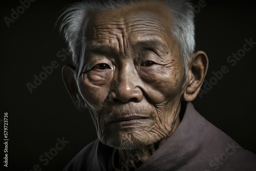 Classic portrait of an Asian elderly man on dark background. Created with Generative AI