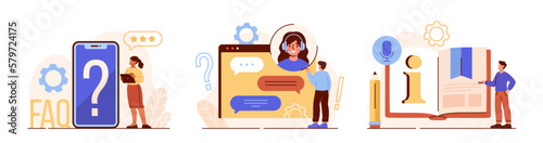 Frequency asked questions set. People contacting with helpdesk service. Customer support and feedback. Hotline operators and guidance. Cartoon flat vector illustrations isolated on white background