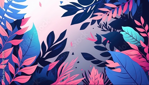  Pink and blue Foliage decorative frame in flat style Various abstract tropical leaves on a dark background. Generative Ai. © makstorm