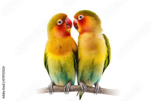 Two parrots  perched on a branch, isolated  on transparent background. PNG. close up of love bird. digital ai art © Katynn