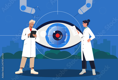 Eye surgery concept. Man and woman with medical instruments correct retina of eye. Cornea laser procedure and care. Doctors perform optometry and retinal diagnostics. Cartoon flat vector illustration