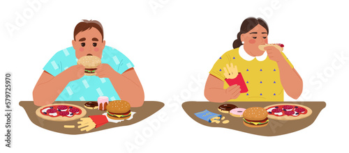 People with junk food. Man and woman with fast food. French fries, burger, pizza and donuts. Fat characters at cafe compulsively overeat. Cartoon flat vector illustrations isolated on white background