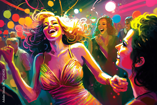 Oscar Night Celebrations | lively after-party scene, the stars letting loose and having fun after the ceremony. energy and excitement of crowd. vibrant and colorful, neon lights and disco balls. Ai