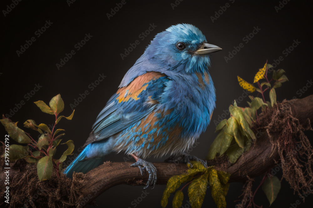 Bluebird on a branch close-up. Isolated on dark blurred background. Stunning birds and animals in nature travel or wildlife photography made with Generative AI