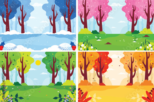 Four seasons vector background. Summer, winter, spring and autumn season wallpaper. Flat design style. 