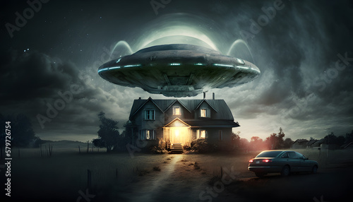 Photo Alien invasion above a countryside house