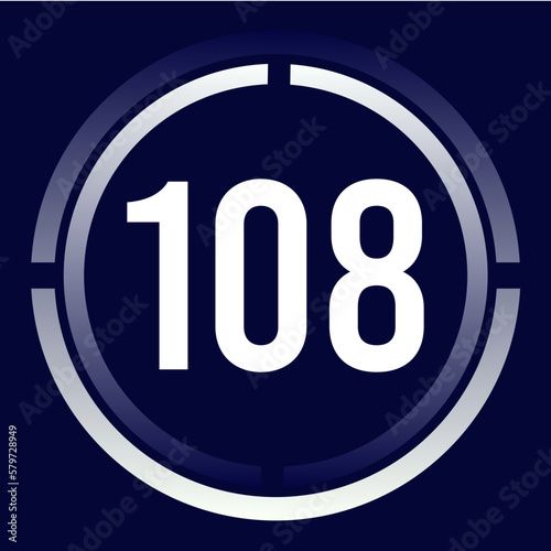 Number 108 design for business, print, books, movies, time-counting, companies in white, blue and blue gradient colors with half circles.