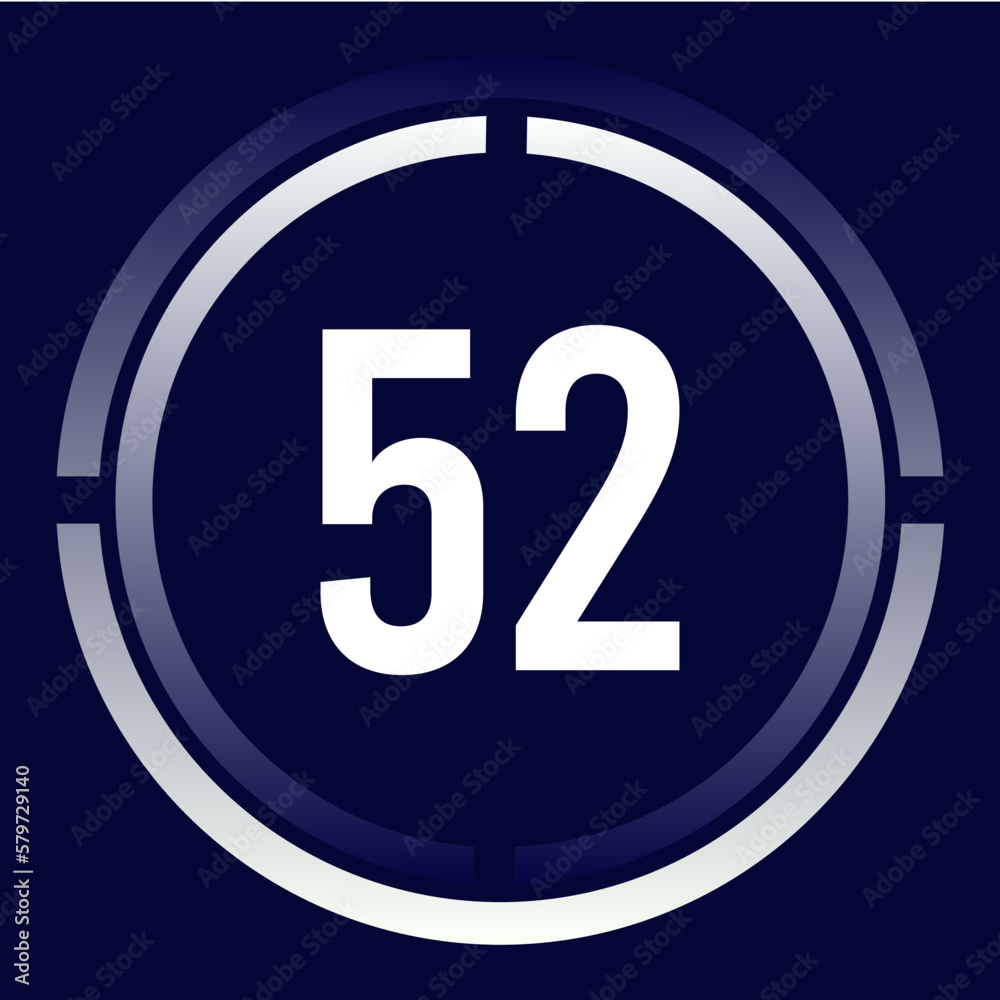 Number 52 design for business, print, books, movies, time-counting, companies in white, blue and blue gradient colors with half circles. Number 52 design for business, print, books, movies, time-counting, companies in white, blue and blue gradient colors with half circles.