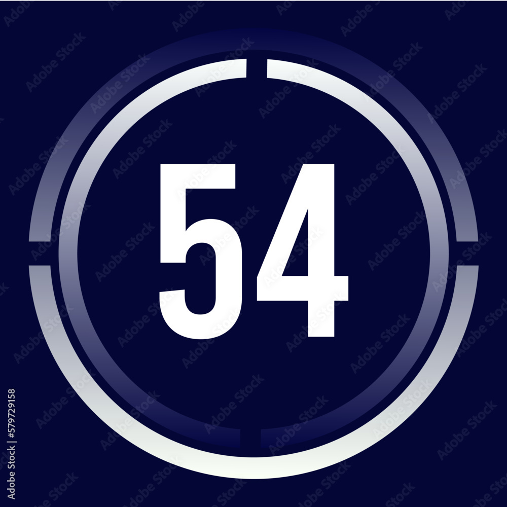 Number 54 design for business, print, books, movies, time-counting, companies in white, blue and blue gradient colors with half circles. Number 54 design for business, print, books, movies, time-counting, companies in white, blue and blue gradient colors with half circles.