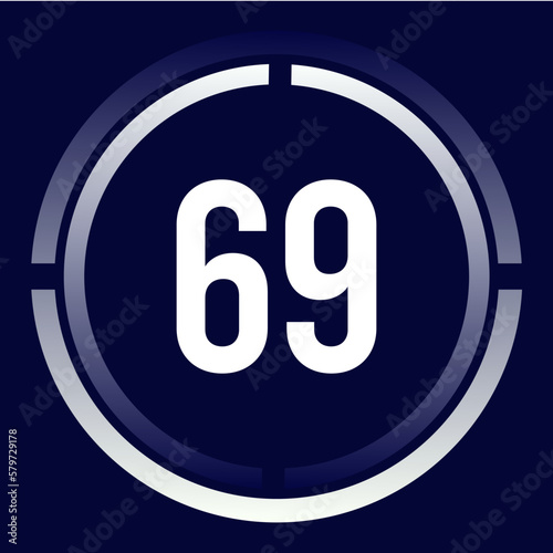 Number 69 design for business, print, books, movies, time-counting, companies in white, blue and blue gradient colors with half circles.