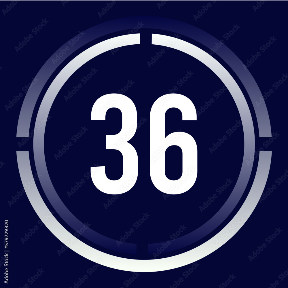 Number 36 design for business, print, books, movies, time-counting, companies in white, blue and blue gradient colors with half circles. Number 36 design for business, print, books, movies, time-counting, companies in white, blue and blue gradient colors with half circles.
