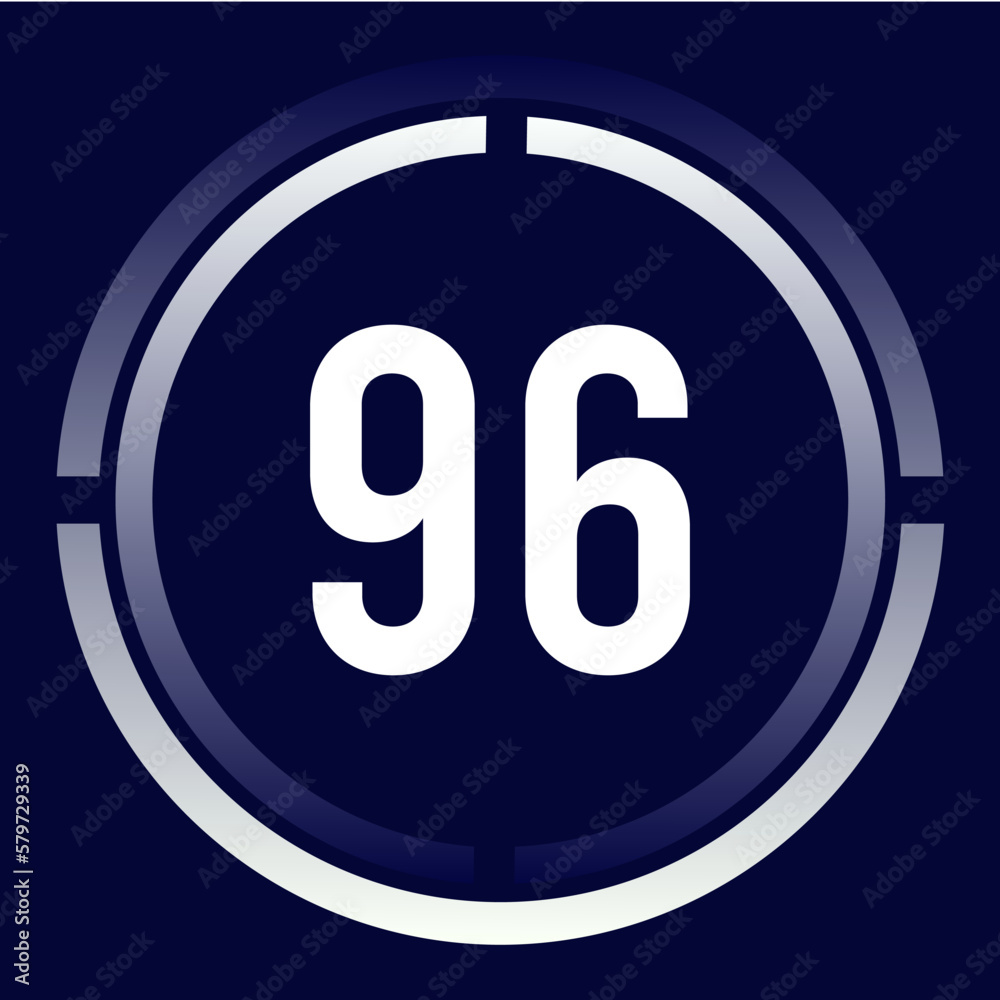 Number 96 design for business, print, books, movies, time-counting, companies in white, blue and blue gradient colors with half circles. Number 96 design for business, print, books, movies, time-counting, companies in white, blue and blue gradient colors with half circles.