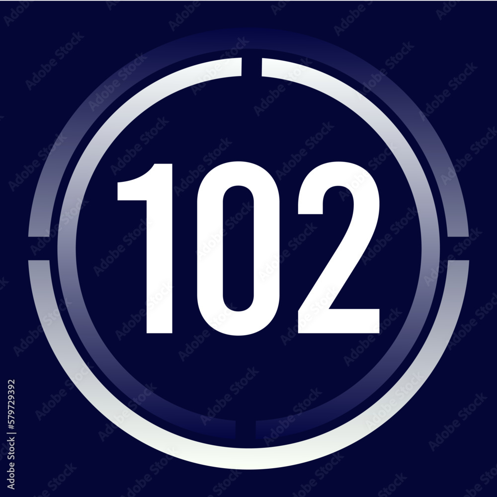 Number 102 design for business, print, books, movies, time-counting, companies in white, blue and blue gradient colors with half circles. Number 102 design for business, print, books, movies, time-counting, companies in white, blue and blue gradient colors with half circles.