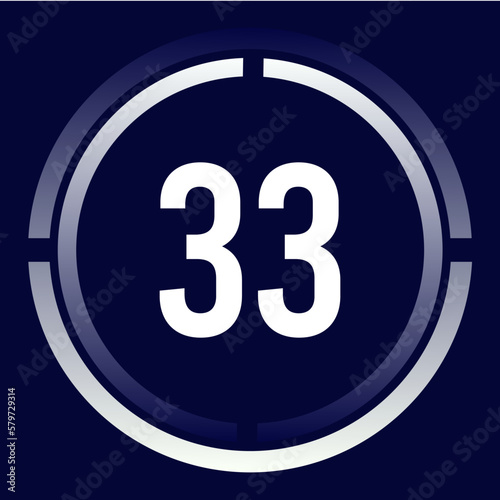 Number 33 design for business, print, books, movies, time-counting, companies in white, blue and blue gradient colors with half circles.