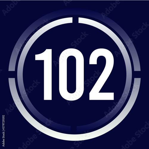 Number 102 design for business, print, books, movies, time-counting, companies in white, blue and blue gradient colors with half circles.