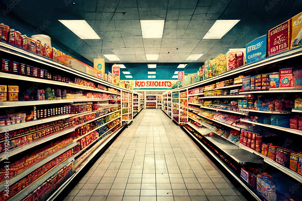 Busy supermarket aisle, wide-angle, bustling, organized, efficient, modern, late morning, realistic style - generative AI
