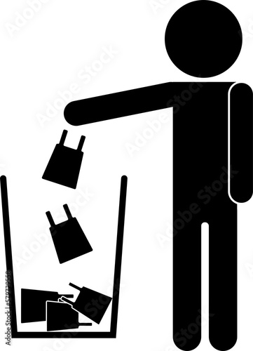 Isolated illustration of black stick figure thow plastic bag trash in to waste recycle bin, graphic template for do not litter, environment sign photo