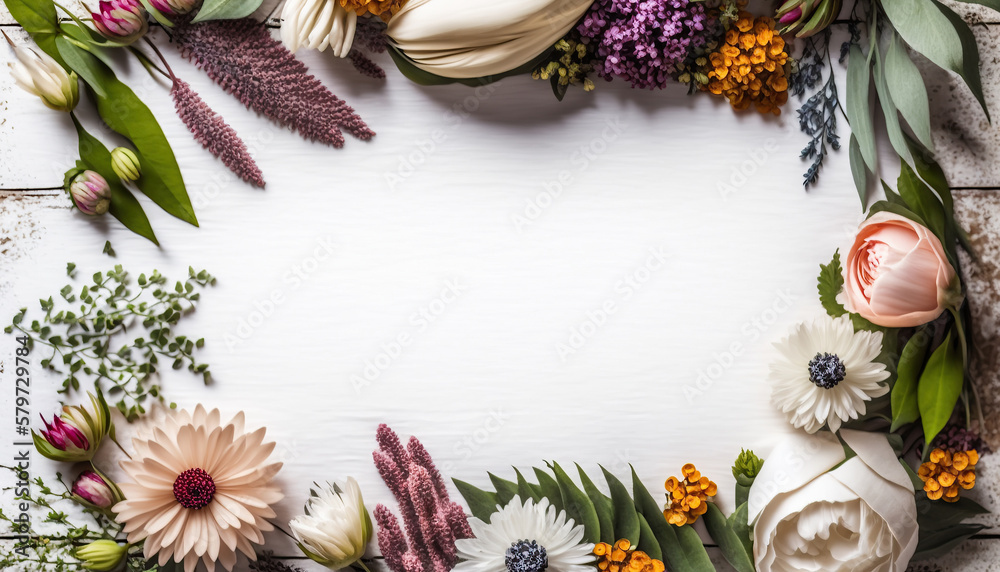 Various spring flowers on a white background and copy space. Generative AI Various spring flowers on a white background and copy space. Generative AI