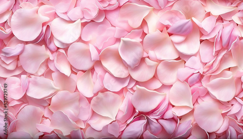 Soft pink background with various pink petals of roses. Generative AI