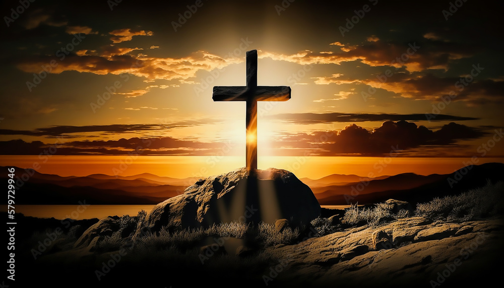 Cross of jesus christ on a background with dramatic lighting, colorful mountain sunset, Generative ai