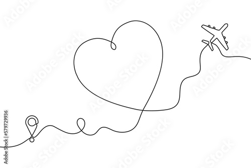 Continuous one line drawing of airplane path in heart form. One single line airplane route with start point and hearted way, aircraft with heart shaped trace.
