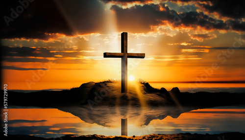 Photo Cross of jesus christ on a background with dramatic lighting, colorful mountain