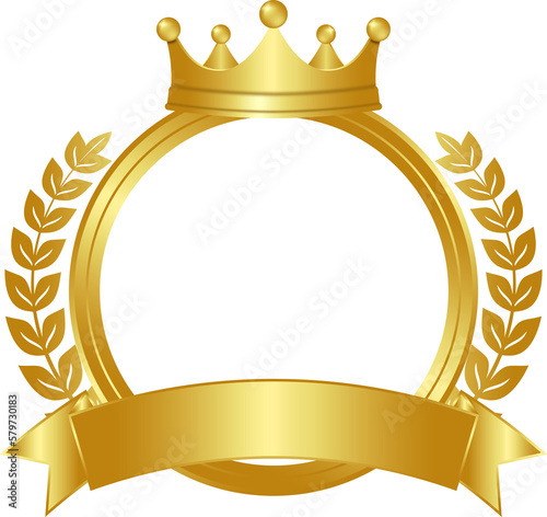 Gold crown, laurel wreath and circle frame. Winner sign with golden ribbon.