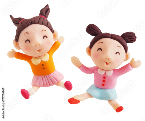 両手を上げてジャンプしている笑顔の女の子2人セット（粘土立体イラスト）