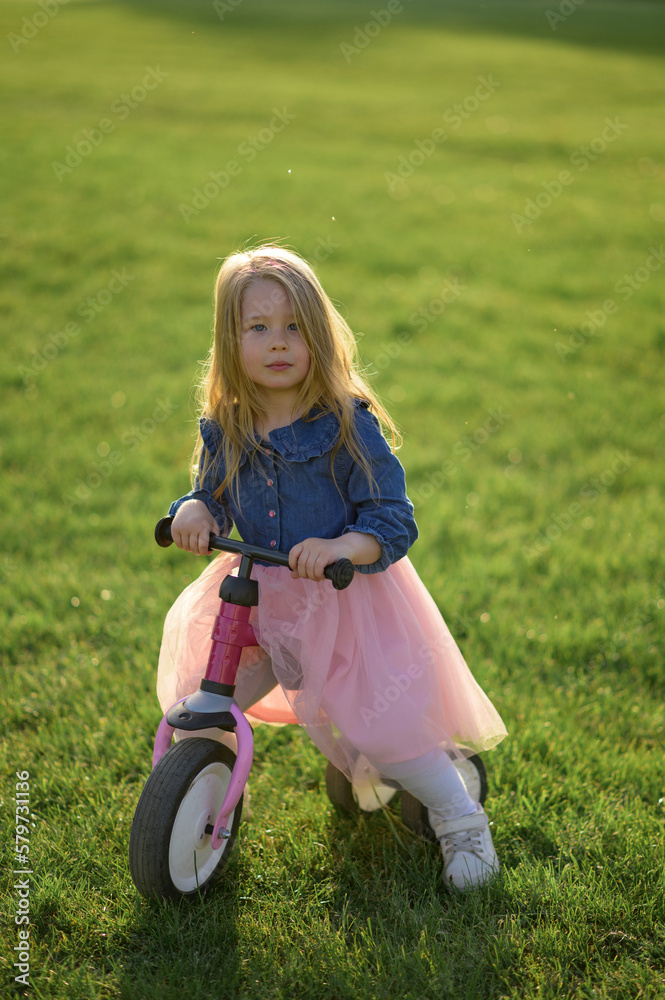 A happy beautiful little girl runs fast and rides her first bicycle without pedals on the grass on a warm summer day. Cute baby 3 years old. Side view. Learning to keep balance. A happy beautiful little girl runs fast and rides her first bicycle without pedals on the grass on a warm summer day. Cute baby 3 years old. Side view. Learning to keep balance.