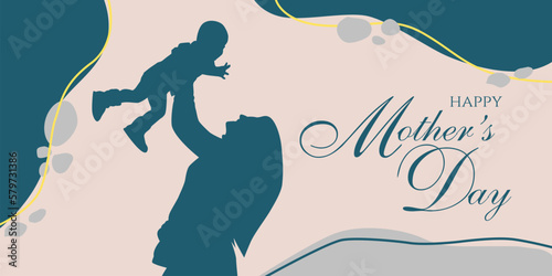 background with the theme "Happy Mother's Day", with classic, vintage colors, and a silhouette of a mother holding her child.