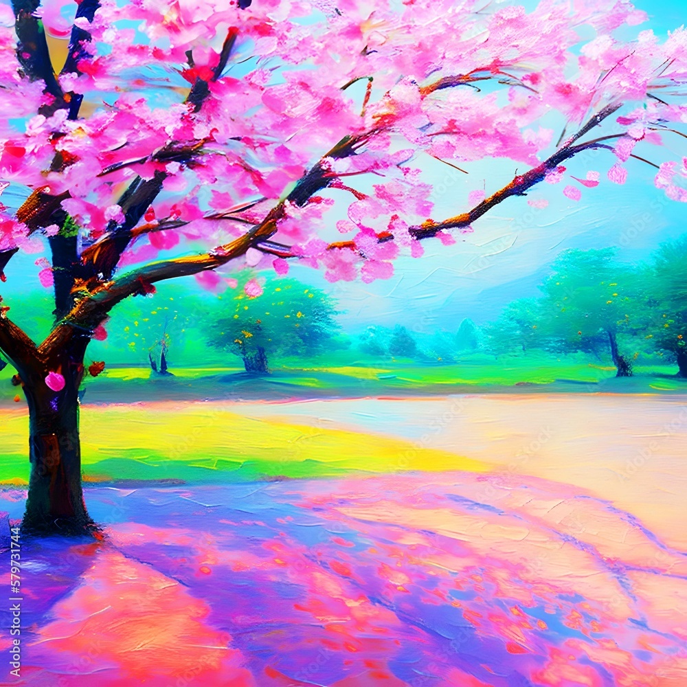 Impressionist Painting Featuring Cherry Blossoms. Generative Ai
