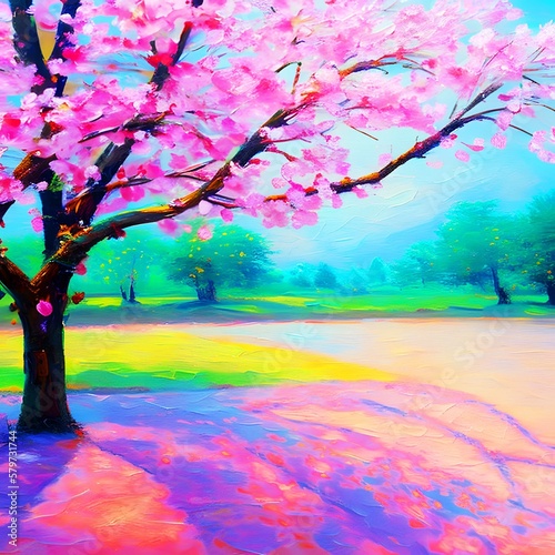 Impressionist Painting Featuring Cherry Blossoms. Generative Ai 