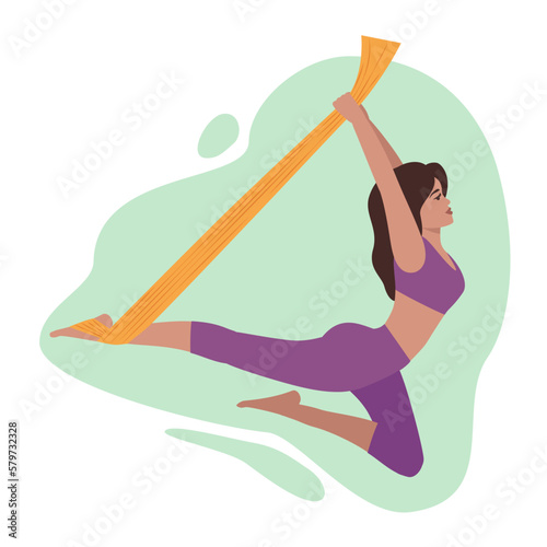 Woman does yoga in an orange hammock . Stretching and flexibility exercises , aerial gymnastics . Vector illustration