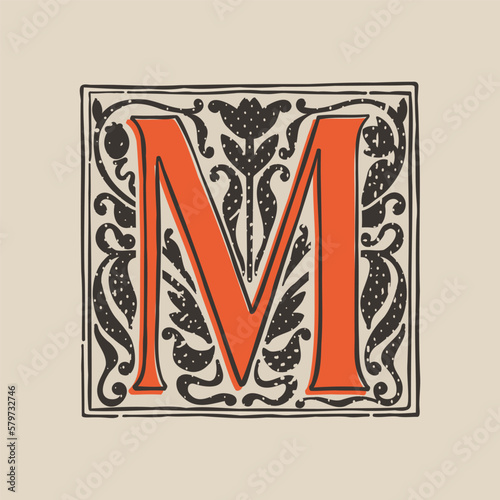 M letter drop cap logo in medieval engraving style. Blackletter square initial.