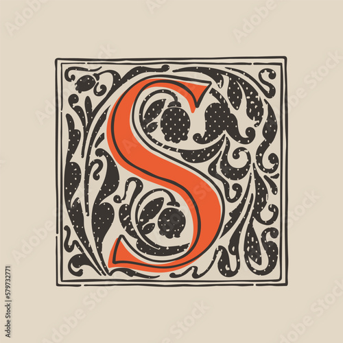 S letter drop cap logo in medieval engraving style. Blackletter square initial.