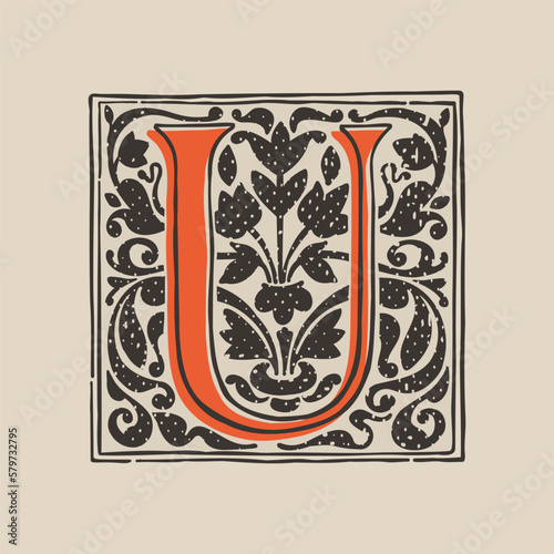 U letter drop cap logo in medieval engraving style. Blackletter square initial.