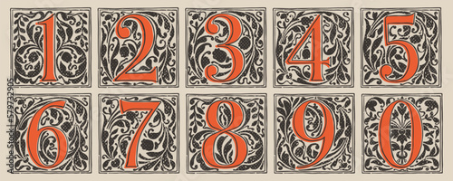 Numbers set drop cap logos in medieval engraving style. Blackletter square initials.